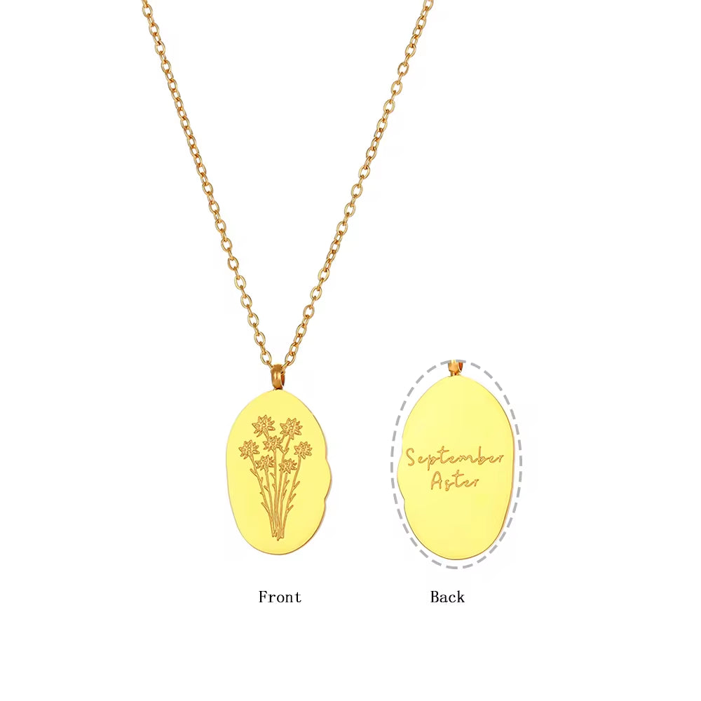 Trendy Month Flower Design 18K Gold Plated 12 Birthstone Pendant Necklace Tarnish Free Jewelry in Stainless Steel