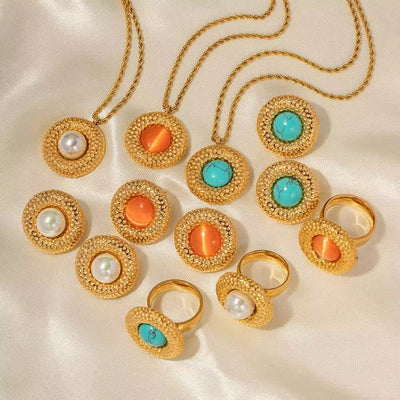 18K Gold Plated Texture Choker Jewelry Set Anniversary Romantic round Shell Pearl Stainless Steel Pendant Necklace