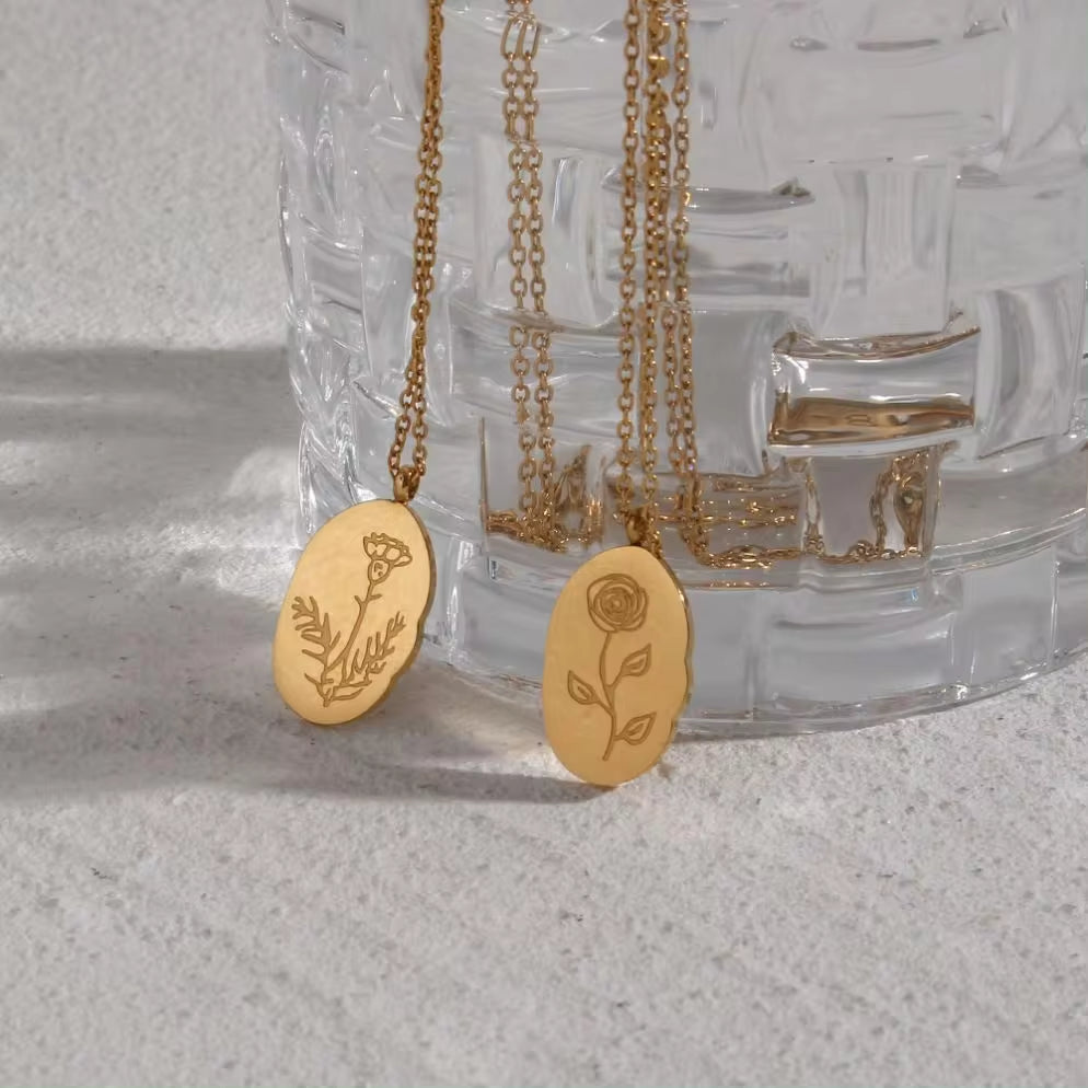 Trendy Month Flower Design 18K Gold Plated 12 Birthstone Pendant Necklace Tarnish Free Jewelry in Stainless Steel