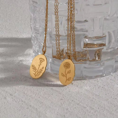 Trendy Month Flower Design 18K Gold Plated 12 Birthstone Pendant Necklace Tarnish Free Jewelry in Stainless Steel