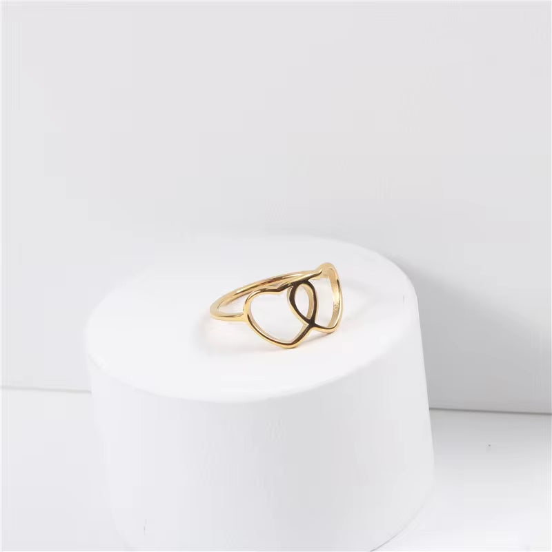 High End 18K PVD Gold Plated Double Heart Rings Stainless Steel Jewelry Women Gift