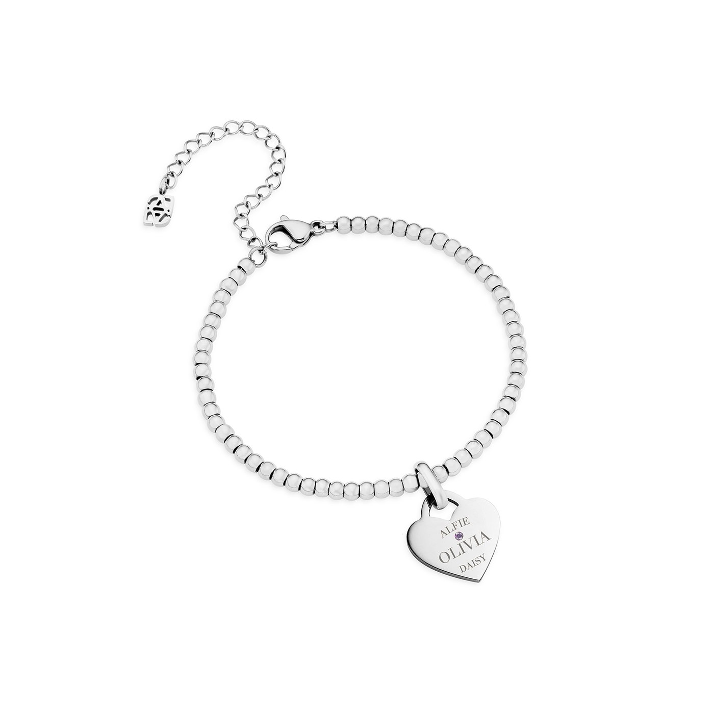 Blue Crystal Heart Token Beaded Bracelet (Silver)