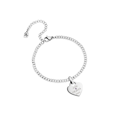 Blue Crystal Heart Token Beaded Bracelet (Silver)