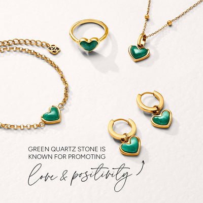 Green Quartz Heart Ring & Huggie Earrings Set (Gold)
