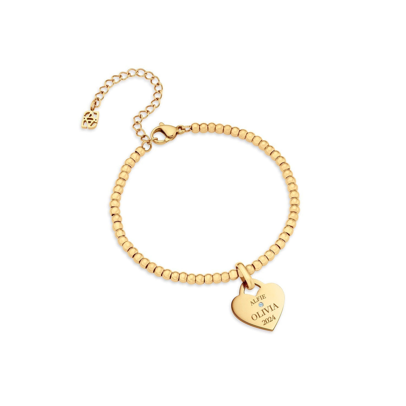 Blue Crystal Heart Token Beaded Bracelet (Gold)