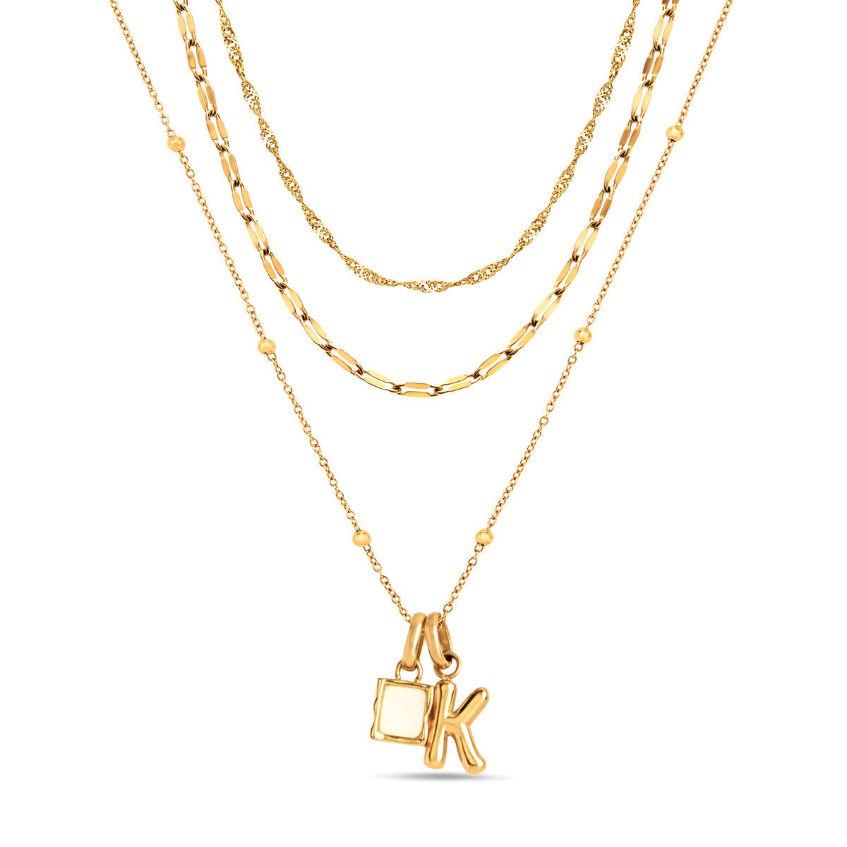 Mini Molten Initial & Moonstone Charm Layered Necklace Set (Gold)