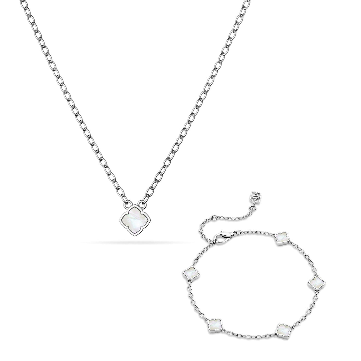 Mini Pearl Clover Necklace & Bracelet Set (Silver)