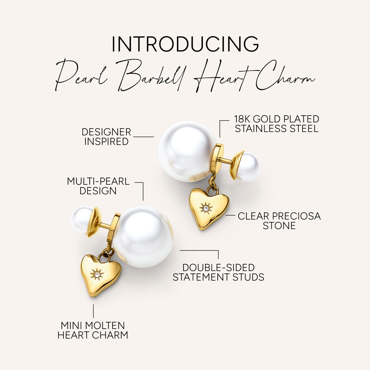 Pearl Barbell Heart Charm Earrings (Gold)