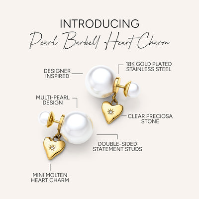Pearl Barbell Heart Charm Earrings (Gold)