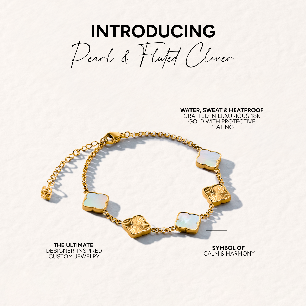 Pearl & Fluted Clover Bracelet (Gold)