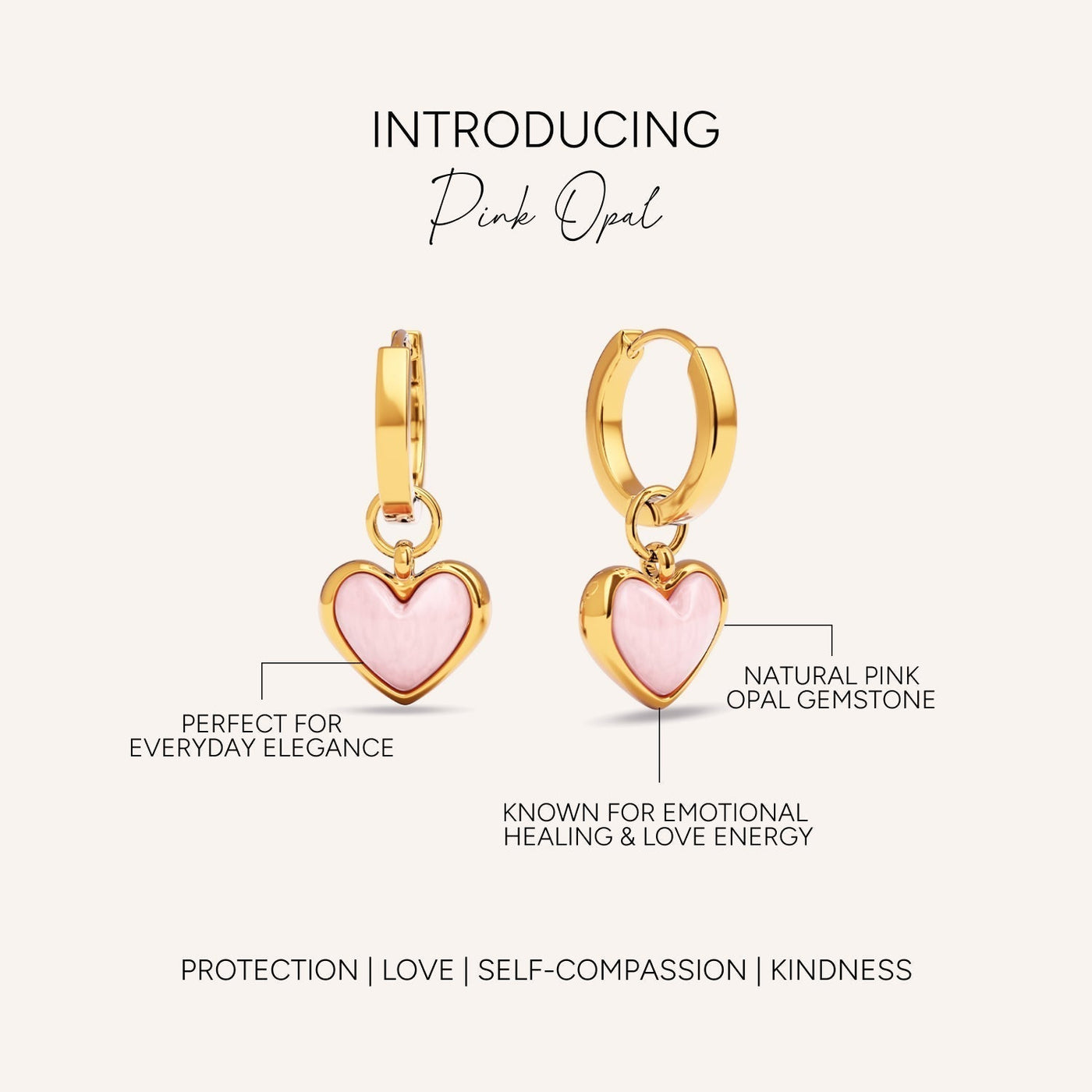 Pale Pink Opal Heart Huggie Earrings (Gold)