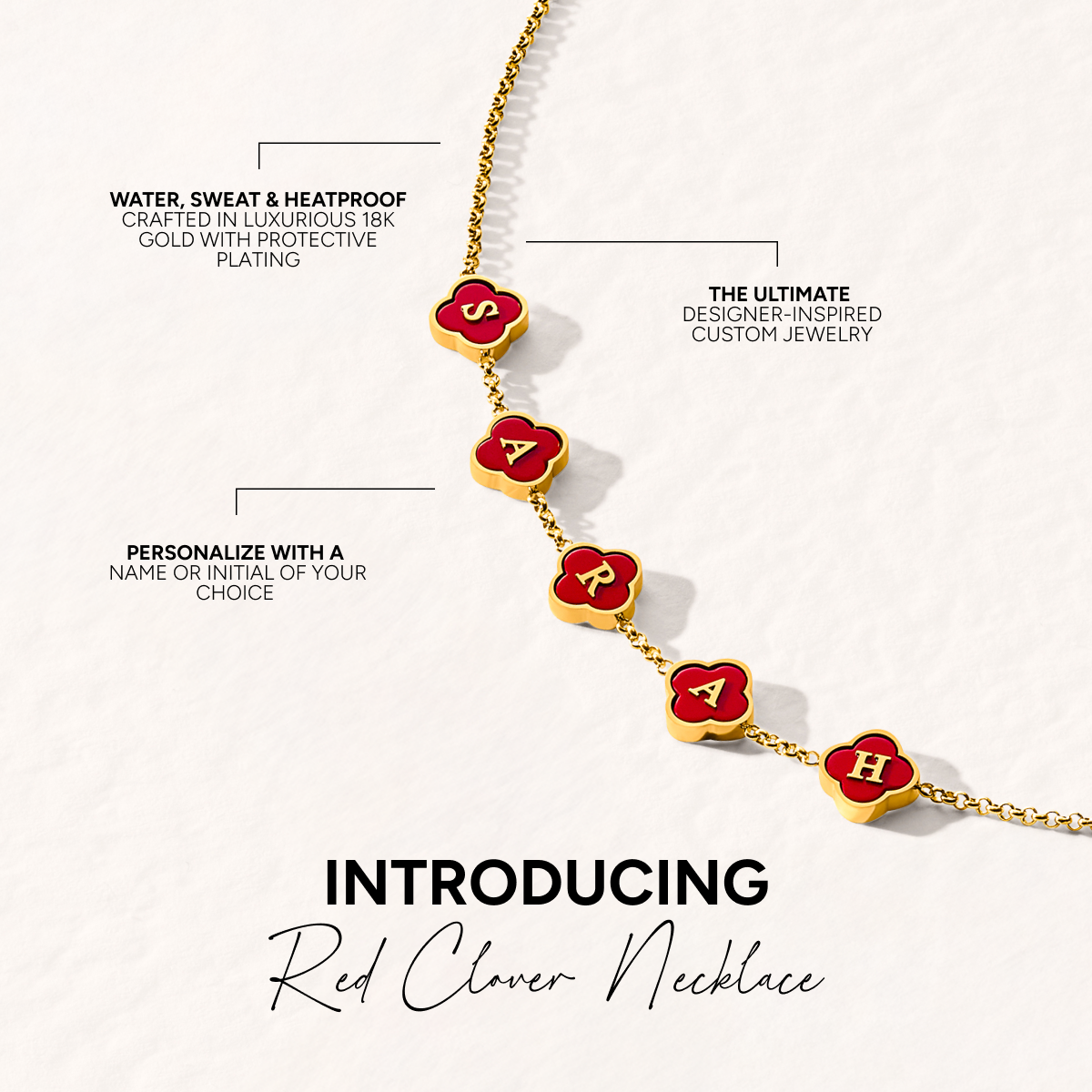 Red Custom Clover Name Necklace (Gold)