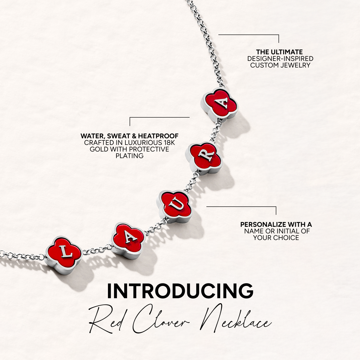Red Custom Clover Name Necklace (Silver)