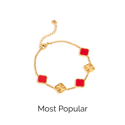 Red & Fluted Clover Bracelet (Gold)