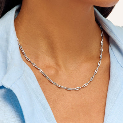 Paperclip Diamond Cut Chain Necklace (Silver)