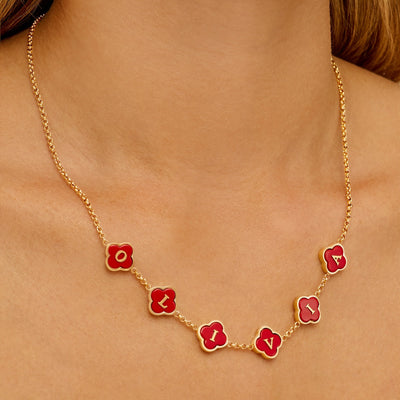 Red Custom Clover Name Necklace (Gold)