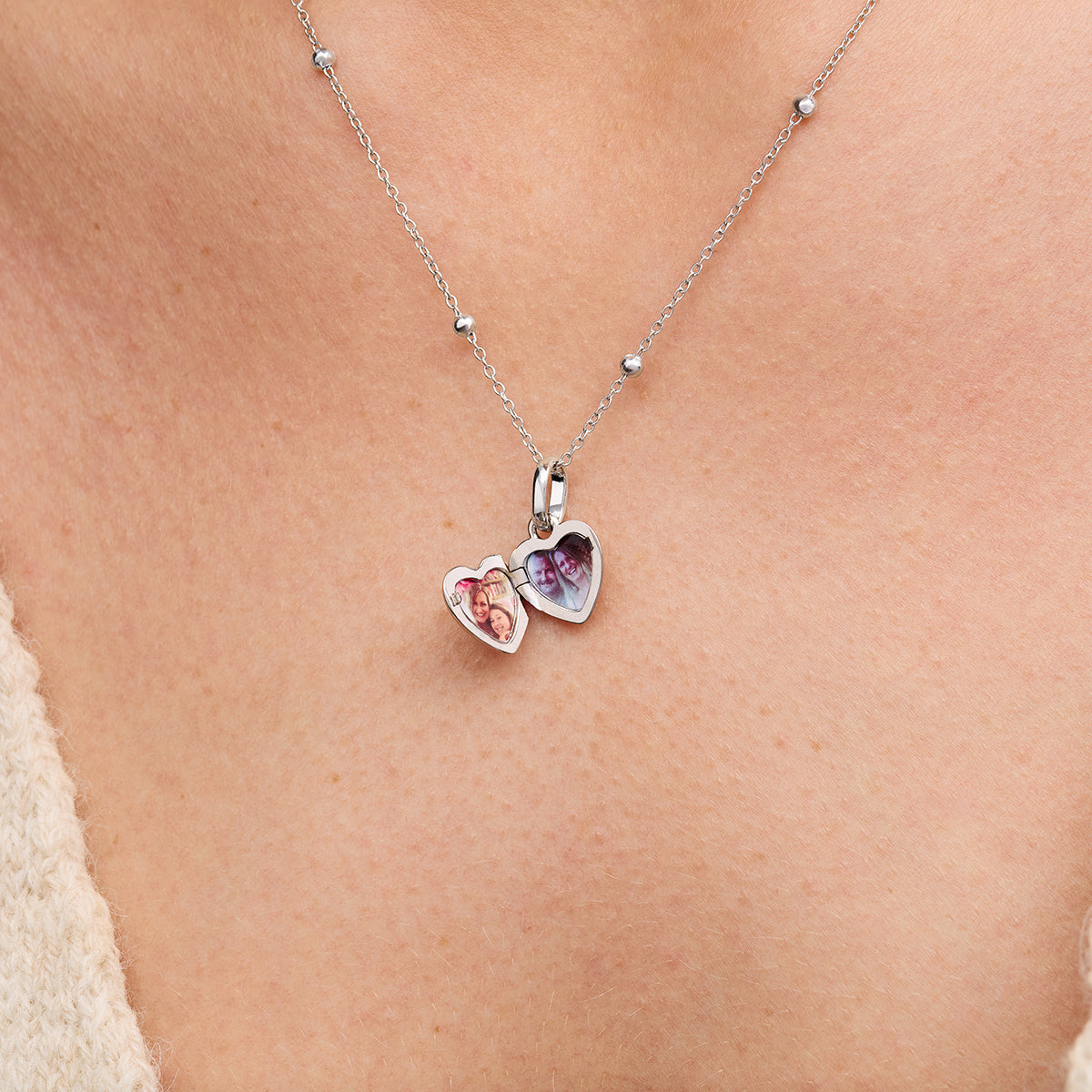 Heart Photo Locket Sphere Necklace (Silver)