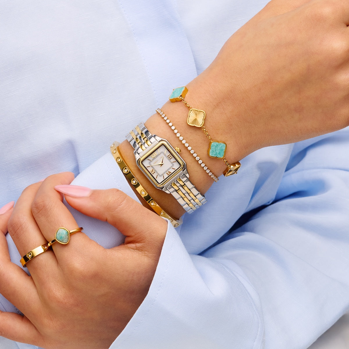 Amazonite & Fluted Clover Bracelet (Gold)