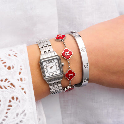 Red Custom Clover Name Bracelet (Silver)