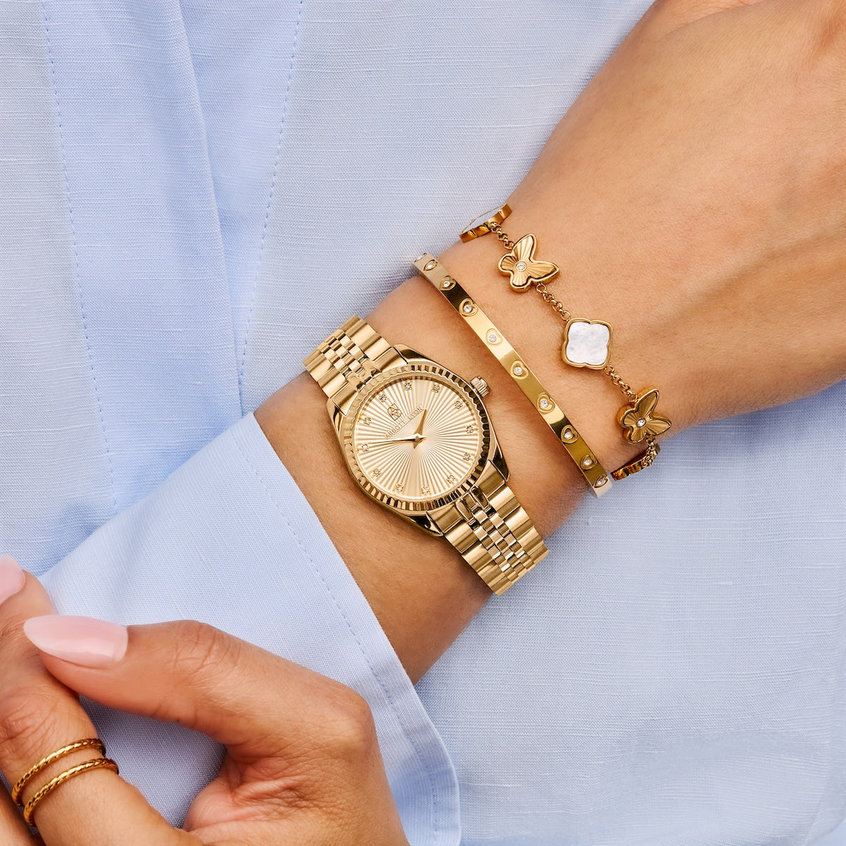 Pearl & Fluted Butterfly Bracelet (Gold)