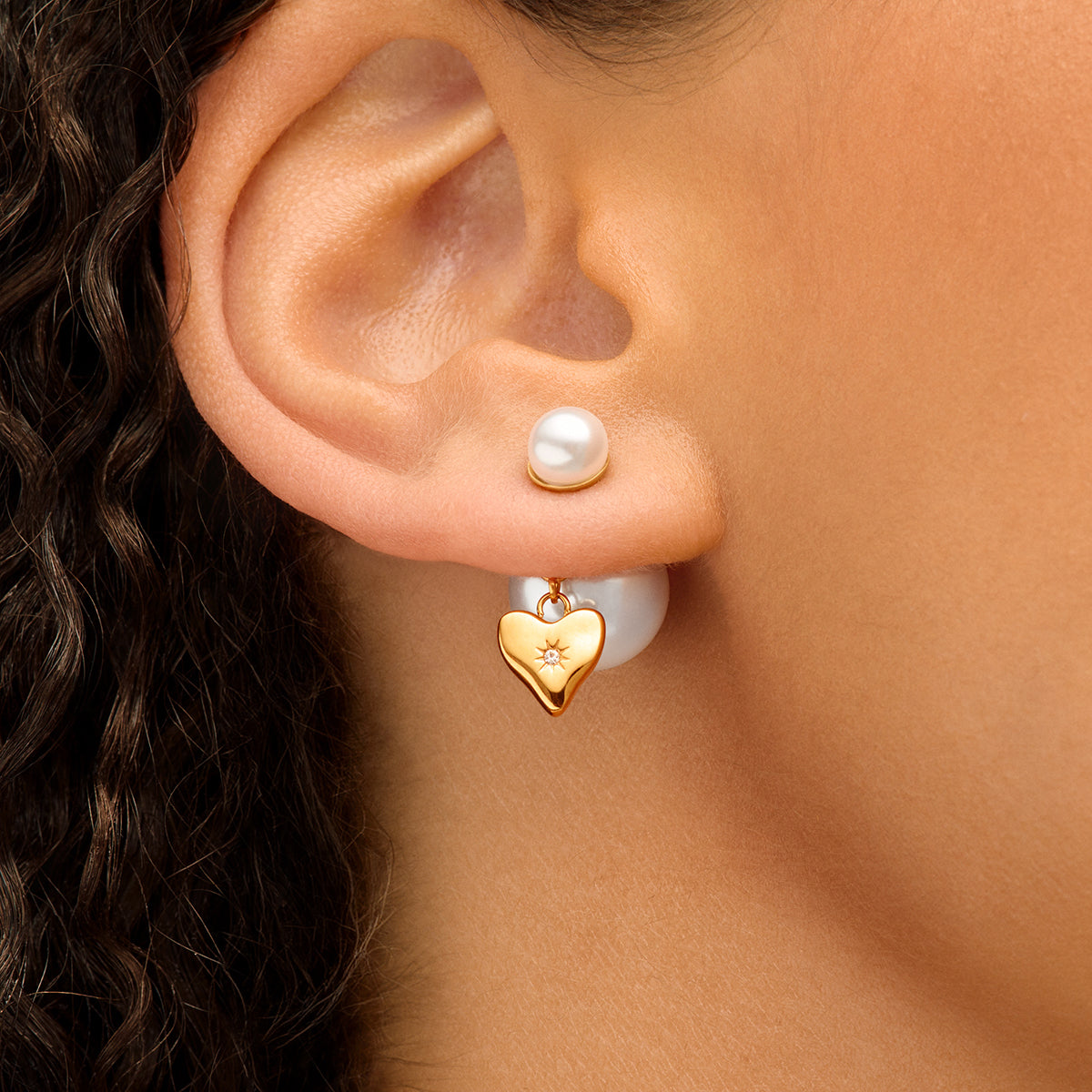 Pearl Barbell Heart Charm Earrings (Gold)