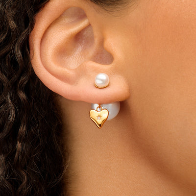Pearl Barbell Heart Charm Earrings (Gold)