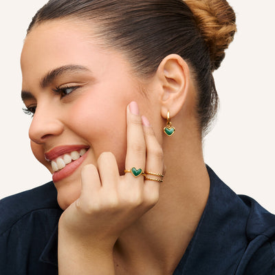 Green Quartz Heart Ring & Huggie Earrings Set (Gold)