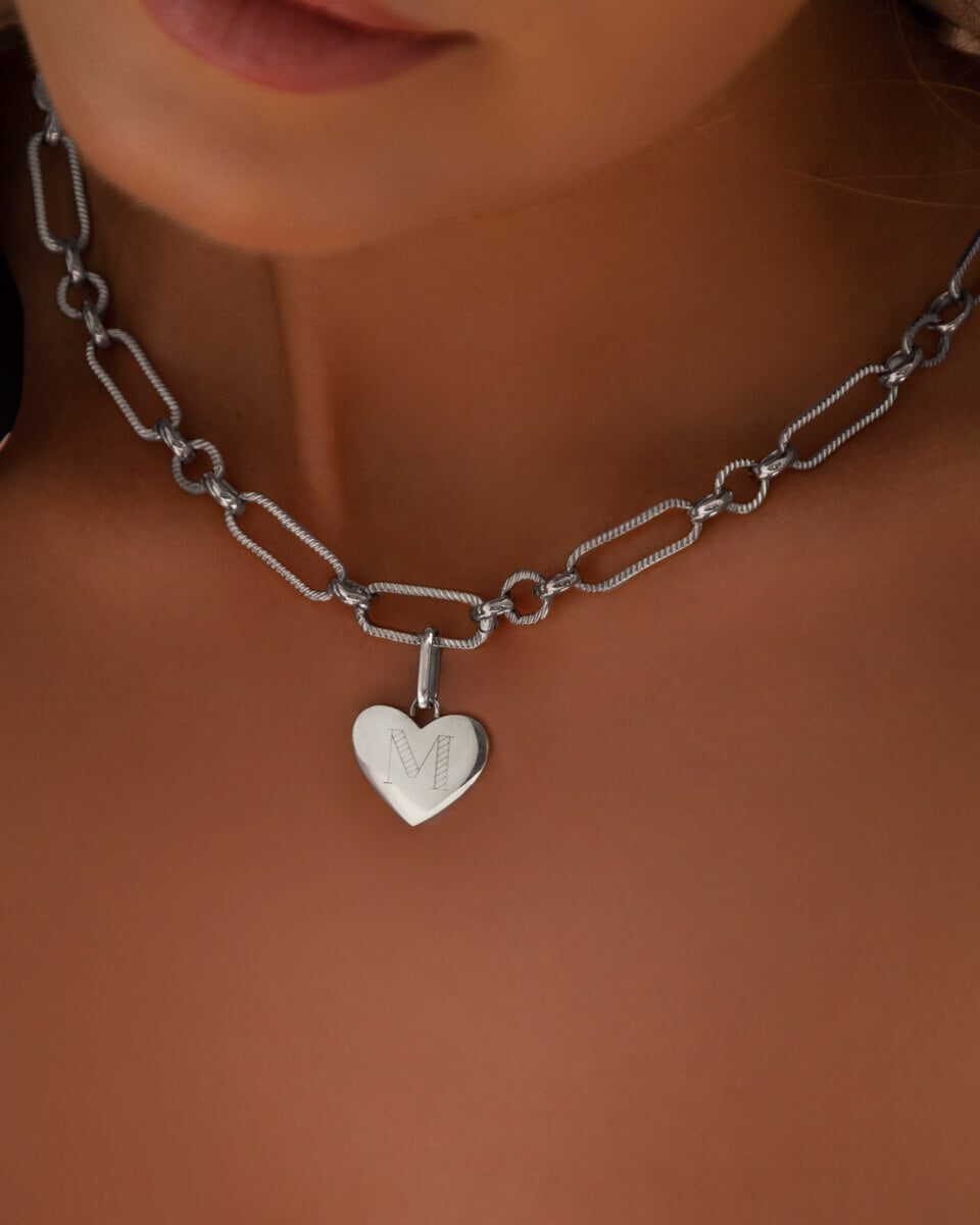 Heart Figaro Chain Necklace (Silver)