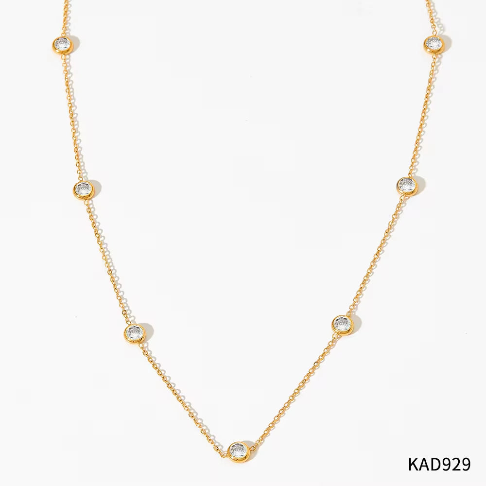 18K Gold-Plated Stainless Steel Thin Chain Ladies Elegant Zircon Bracelet Necklace Set