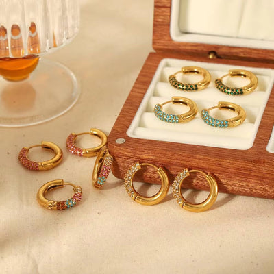 Non Tarnish 18K Gold Plated Simple Ins Micro Zirconia Pave Stainless Steel Huggie Earrings Trendy Jewelry FJE0139