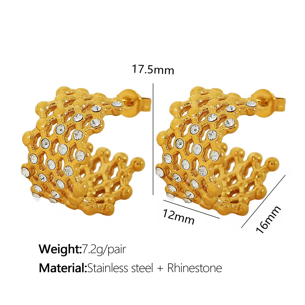 JEWELRY EH246-7 Hollowed Out Small Gold Beads Patchwork Grid-Like Earrings Set with Rubber Beads Rhinestone Earrings