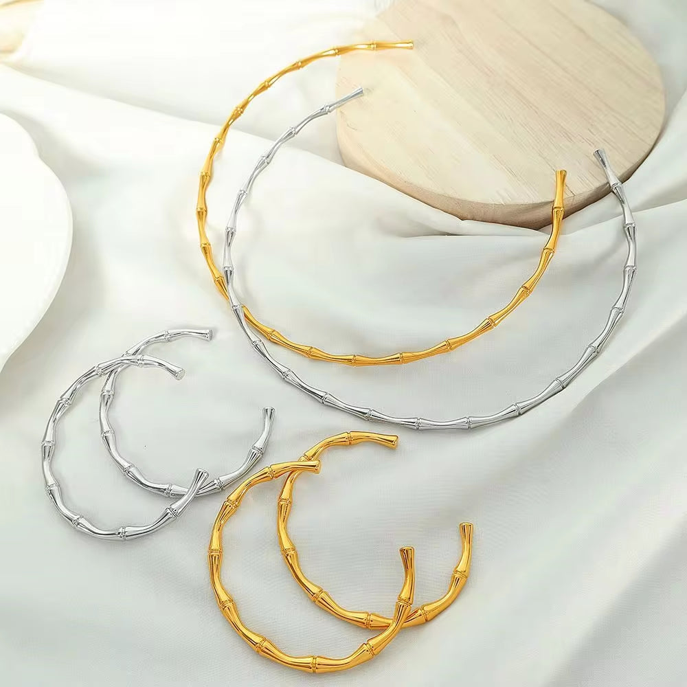JEWELRY XL72-SZ58 Wholesale Thin Bamboo Open Collar Bangles Fashion Necklace Stainless Steel Plated 18K Gold