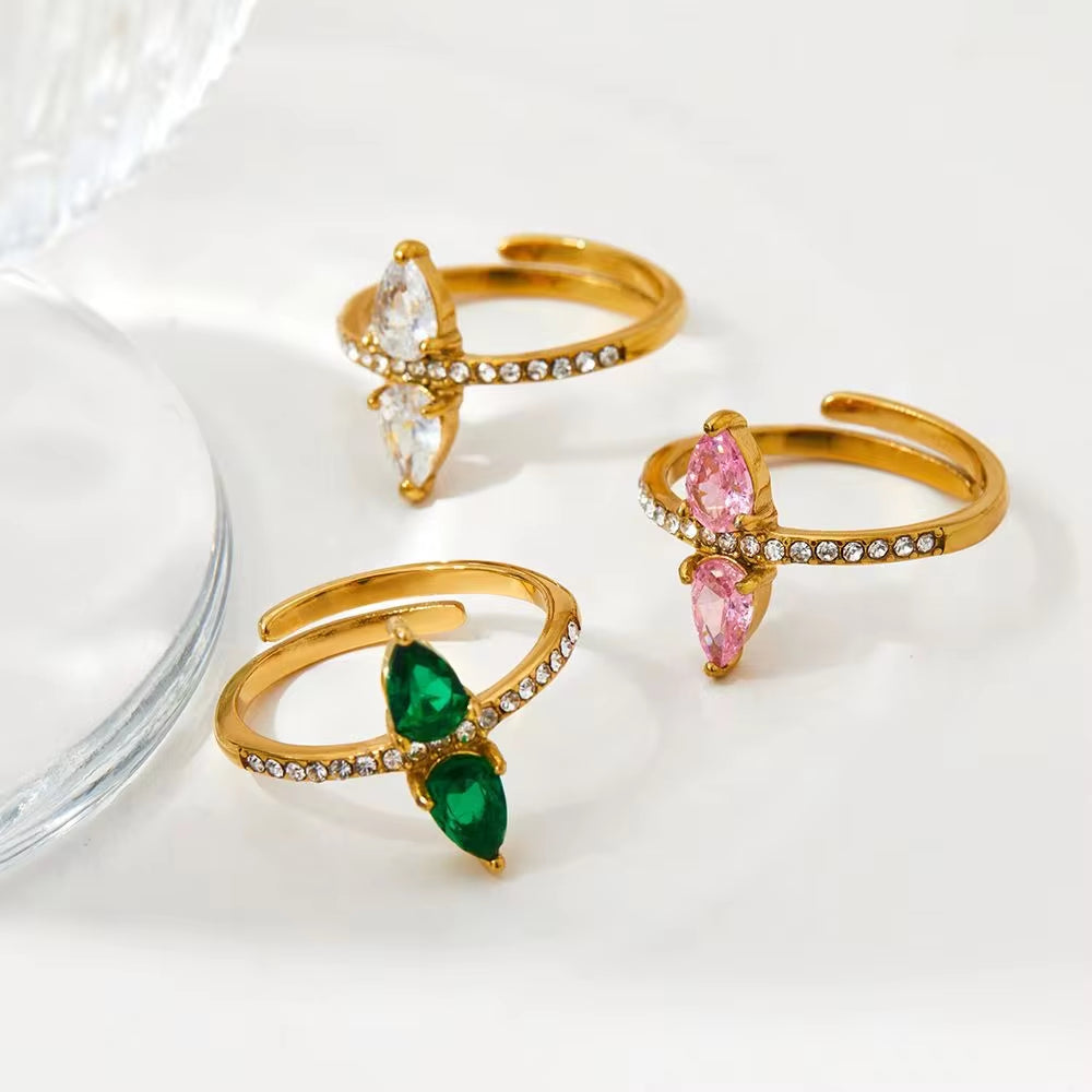INS Charm Gold Plated Drop Shape Crystal Rhinestone Rings Waterproof Stainless Steel Jewelry Wrap Open Rings Gift for Women