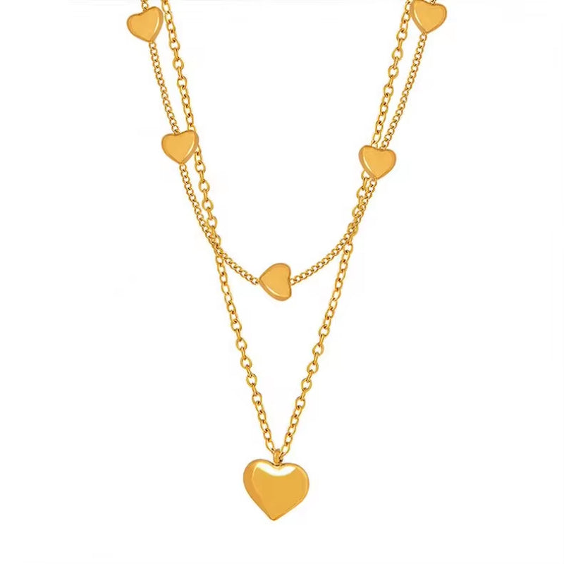 Wholesale Custom Fashion Jewelry 18K Gold Plated Stainless Steel Double Layer Dainty Heart Pendant Necklace for Women